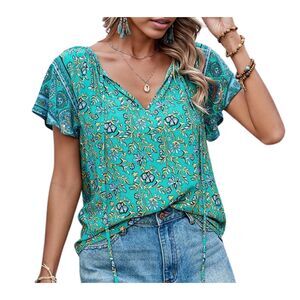 Boho Floral V Neck Top Sizes S-XL Aqua W/Yellow & Blue Flowers Short Sleeve